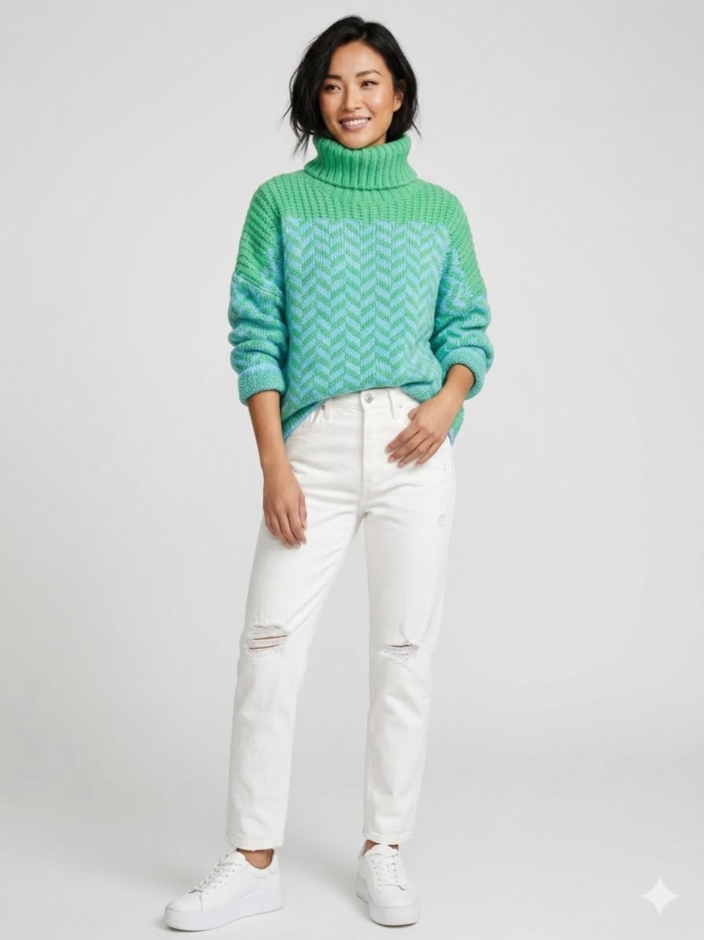 &Merci Alpine Chevron Turtleneck Sweater Chunky Knit Blue Green Oversized  S
